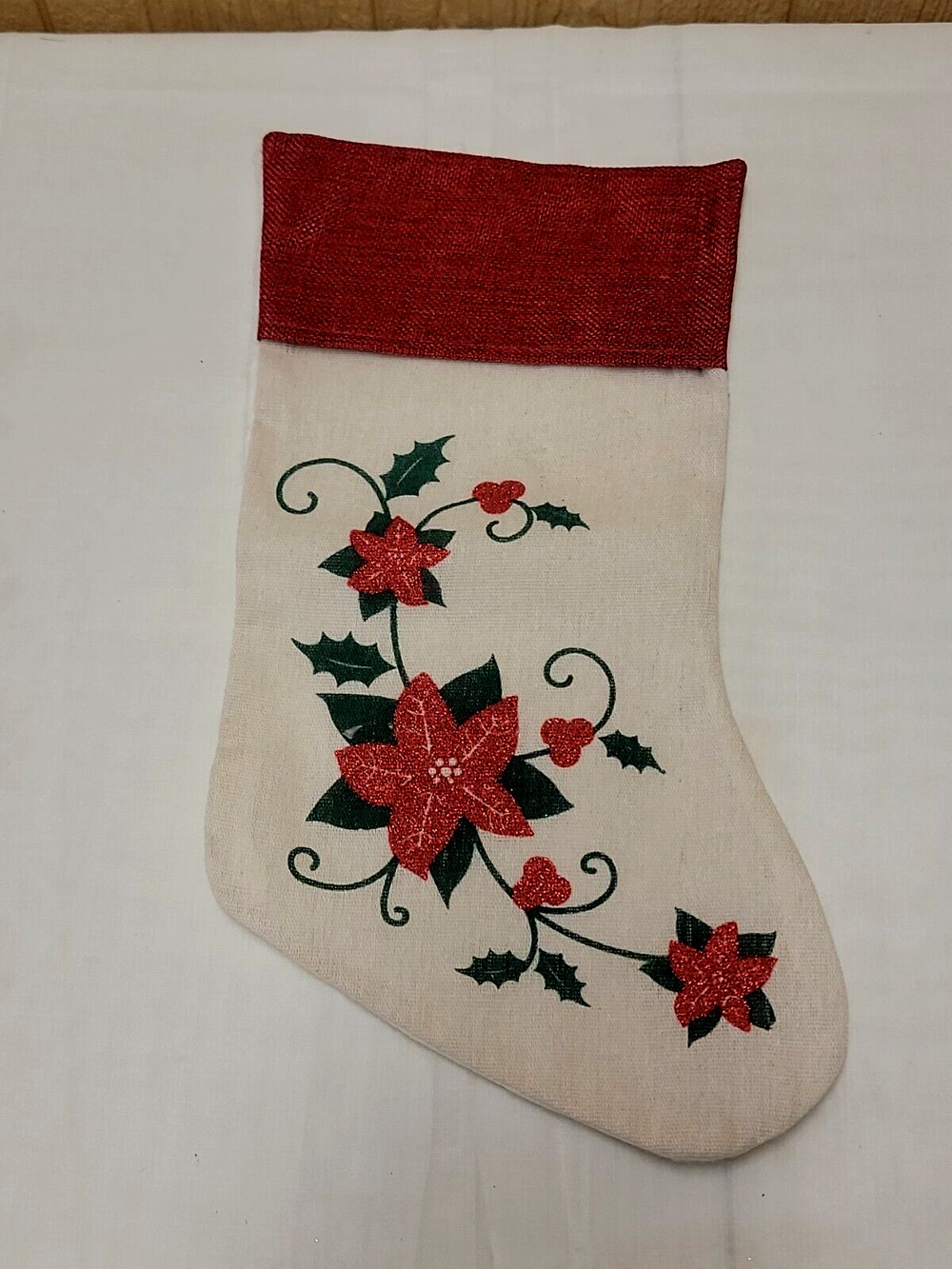 Christmas Stocking Lightweight Burlap Style with Felt Backing Poinsettia 16 in